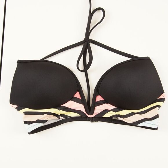 Victorias Secret PINK Midline ‘V’ Plunge Black/Rainbow Bikini Halter Top Women S - Picture 1 of 4